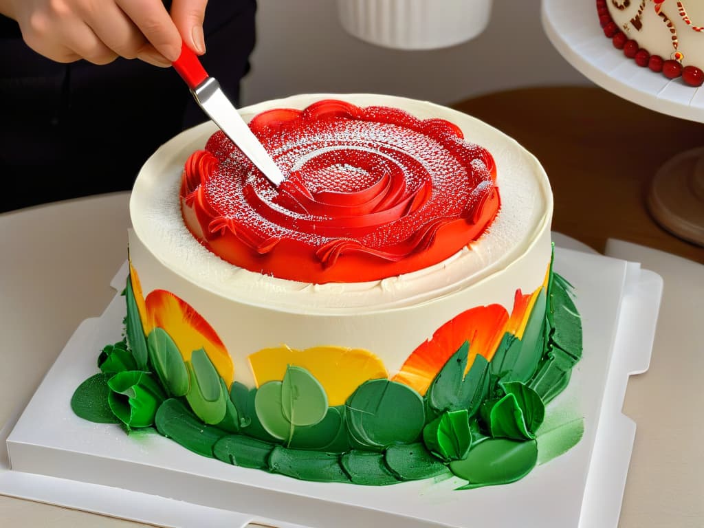  An ultradetailed, photorealistic image of a professional baker meticulously applying edible paint onto a beautifully crafted fondant cake. The baker's hands are steady and precise, holding a fine paintbrush delicately as vibrant colors come to life on the cake's surface. The fondant is smooth and flawless, serving as the perfect canvas for the intricate design taking shape. Soft natural light enhances the scene, highlighting the skill and artistry involved in creating a stunning edible masterpiece. hyperrealistic, full body, detailed clothing, highly detailed, cinematic lighting, stunningly beautiful, intricate, sharp focus, f/1. 8, 85mm, (centered image composition), (professionally color graded), ((bright soft diffused light)), volumetric fog, trending on instagram, trending on tumblr, HDR 4K, 8K