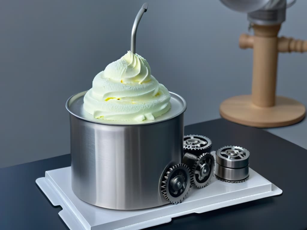  A minimalist, ultradetailed image of a stainless steel ice cream churner, gleaming under the soft glow of a studio light. The focus is on the intricate gears and mechanisms of the churner, capturing the precision and craftsmanship required for the art of ice cream and sorbet making. Each reflection and curve is vividly brought to life, showcasing the elegance and sophistication of this essential tool in the preparation of delectable frozen desserts. hyperrealistic, full body, detailed clothing, highly detailed, cinematic lighting, stunningly beautiful, intricate, sharp focus, f/1. 8, 85mm, (centered image composition), (professionally color graded), ((bright soft diffused light)), volumetric fog, trending on instagram, trending on tumblr, HDR 4K, 8K