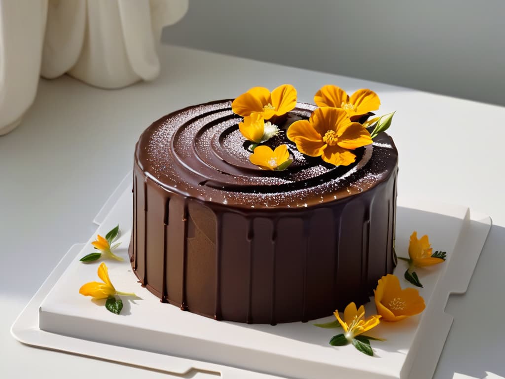  A closeup, ultradetailed image of a perfectly crafted chocolate cake topped with intricate swirls of caramel and delicate edible flowers, set on a sleek, modern white platter. The rich, glossy texture of the cake layers contrasts beautifully with the minimalist presentation, creating a visually striking and enticing image that conveys the artistry and quality of fair trade baking. hyperrealistic, full body, detailed clothing, highly detailed, cinematic lighting, stunningly beautiful, intricate, sharp focus, f/1. 8, 85mm, (centered image composition), (professionally color graded), ((bright soft diffused light)), volumetric fog, trending on instagram, trending on tumblr, HDR 4K, 8K