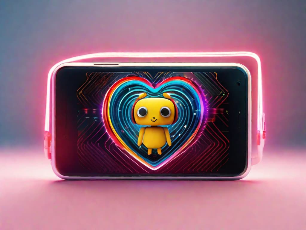  A smartphone with a heart-shaped AI icon surrounded by colorful lines, representing the use of artificial intelligence to enhance the dating experience on Bumble. digital art, ilustration, no flares, clean hyperrealistic, full body, detailed clothing, highly detailed, cinematic lighting, stunningly beautiful, intricate, sharp focus, f/1. 8, 85mm, (centered image composition), (professionally color graded), ((bright soft diffused light)), volumetric fog, trending on instagram, trending on tumblr, HDR 4K, 8K