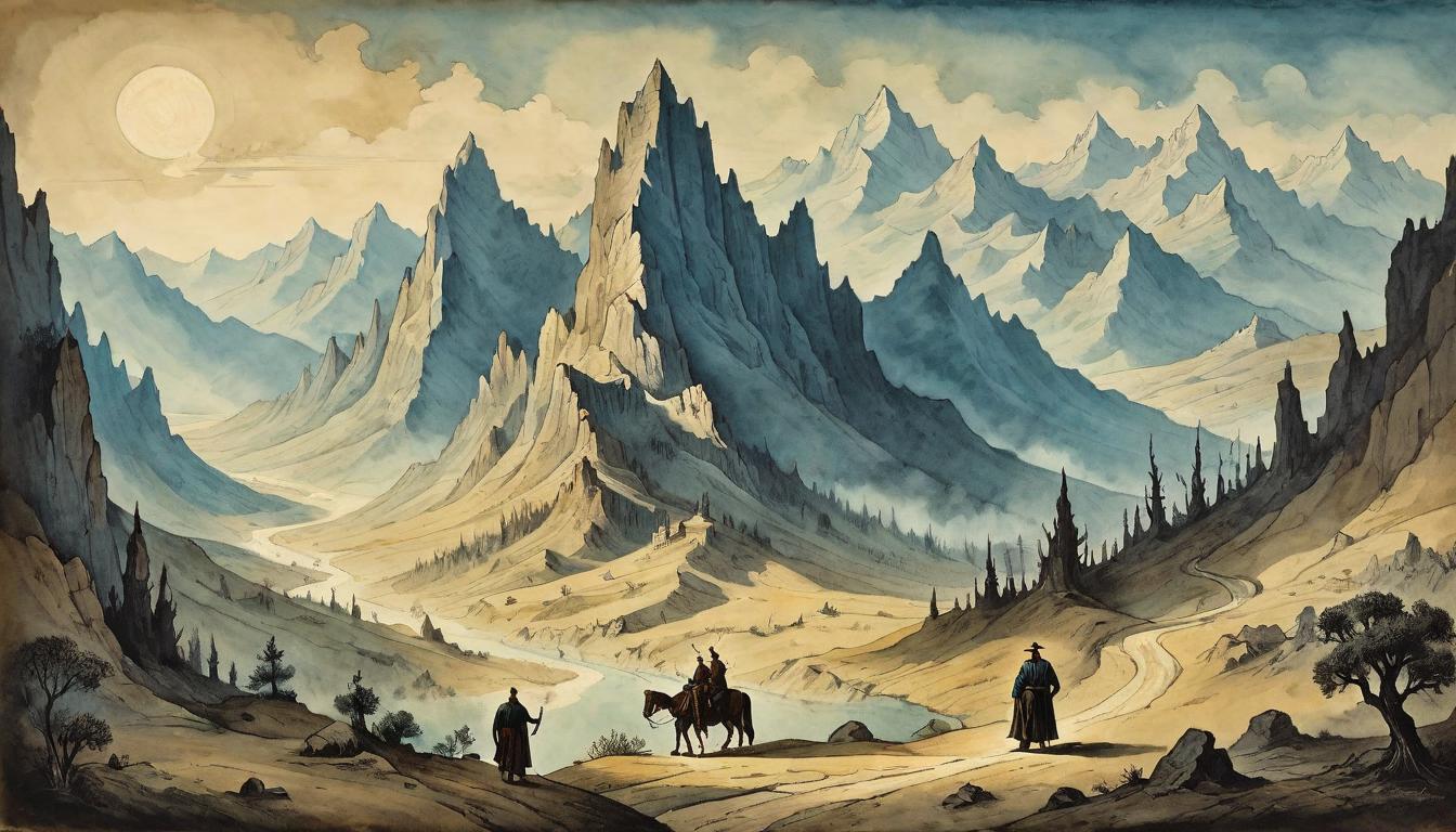  on parchment, surrealism+++, A vast landscape with towering mountains casting long shadows, small figures traversing the valley, symbolizing human frailty and the journey towards redemption. Landscape, towering mountains, long shadows, traversing figures, human frailty, redemption journey, vast challenges, shadow and light contrast.(mysterious, provocative, symbolic,muted color)+++