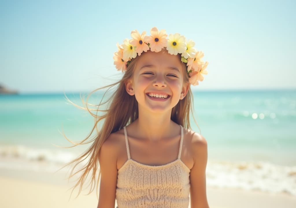  good quality, high quality, a joyous girl with a flower crown on a sunny beach enjoying the warm ocean breeze