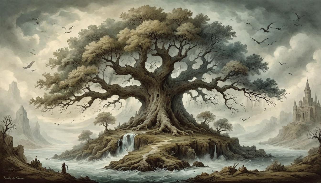  on parchment, surrealism+++, Ancient trees standing firm against rushing winds, resilience personified, immovable conviction, timeless strength against fleeting tempests.(mysterious, provocative, symbolic,muted color)+++