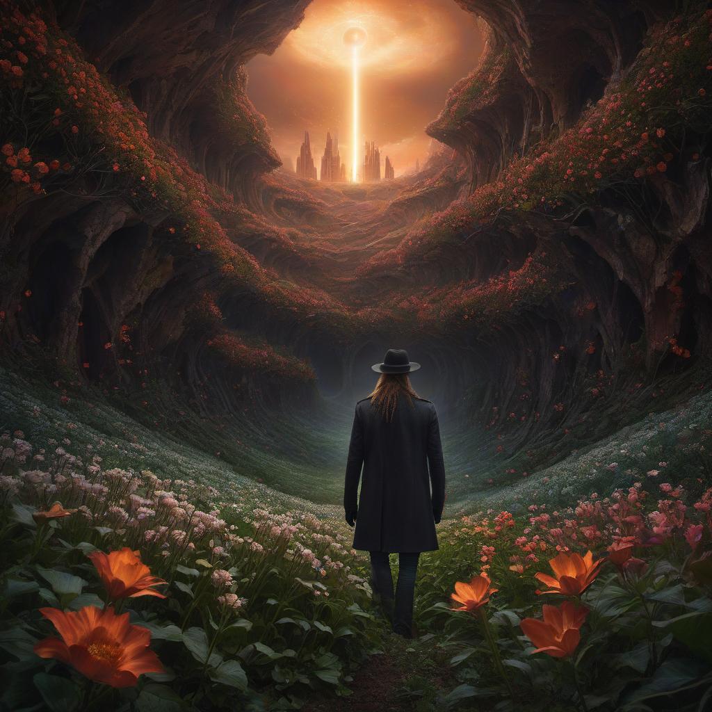  (stylized by Tomasz Alen Kopera:1.3) , dark art, dense flower field and Perseid meteor in background, landscape of a (Barcelona:1.2) , very Bizarre and 1600'S, Hurricane, Glitchcore, Amaro, layered textures, ornate, intricate artistic color, complimentary colors, very inspirational, atmosphere, fine artistic composition, sunny, theatrical hyperrealistic, full body, detailed clothing, highly detailed, cinematic lighting, stunningly beautiful, intricate, sharp focus, f/1. 8, 85mm, (centered image composition), (professionally color graded), ((bright soft diffused light)), volumetric fog, trending on instagram, trending on tumblr, HDR 4K, 8K