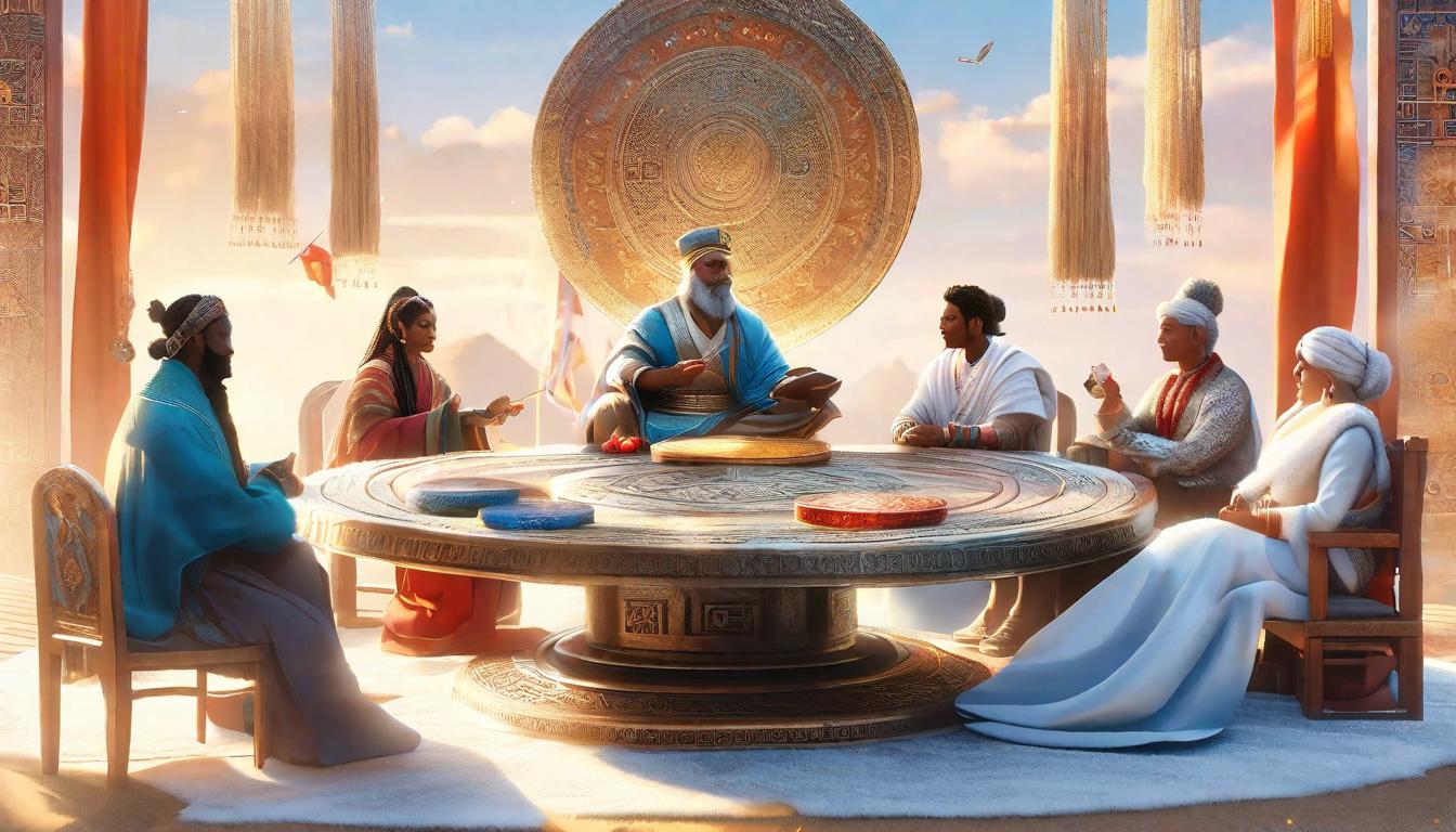  digital illustration A round table under an open sky, diverse groups of people in dialogue, the table laden with symbolic items representing different cultures. Dialogue across diversity, open and inclusive, symbols of unity, warm and inviting atmosphere, realistic with symbolic elements. looking at viewer, dynamic pose, (intricate details, masterpiece, best quality)