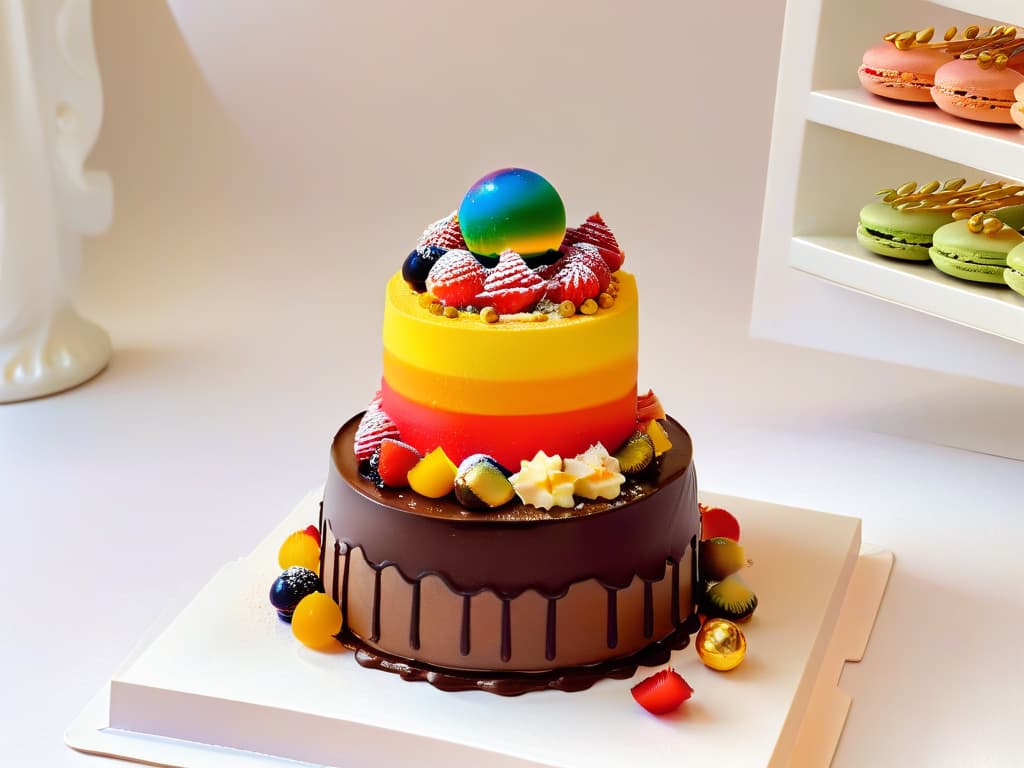  A photorealistic image of a gravitydefying dessert masterpiece, showcasing a delicate and intricate chocolate sphere perched precariously on top of a tower of colorful macarons. The sphere is reflecting a rainbow of colors, while tiny edible gold flakes adorn its surface, adding a touch of luxury to the whimsical creation. Surrounding the dessert are elegantly plated miniature pastries and fruits, all displayed on a sleek, modern dessert stand against a backdrop of soft focus to enhance the focal point. The lighting highlights the glossy textures and vibrant hues, creating a mouthwatering visual feast that truly defies gravity and expectations. hyperrealistic, full body, detailed clothing, highly detailed, cinematic lighting, stunningly beautiful, intricate, sharp focus, f/1. 8, 85mm, (centered image composition), (professionally color graded), ((bright soft diffused light)), volumetric fog, trending on instagram, trending on tumblr, HDR 4K, 8K