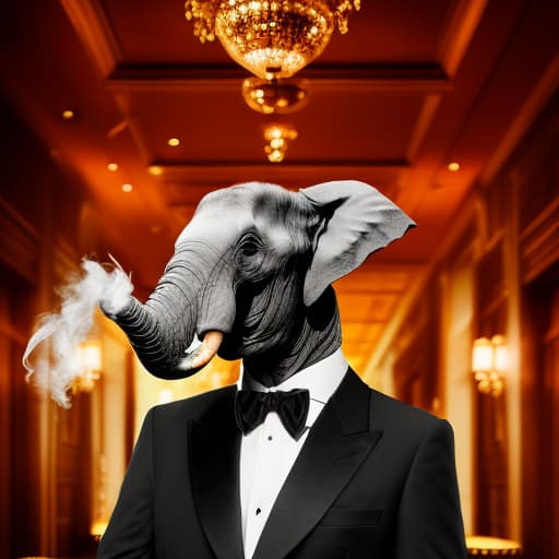 portrait+ style An elephant wearing an elegant tuxedo and smoking a cuban cigar in a fancy bar