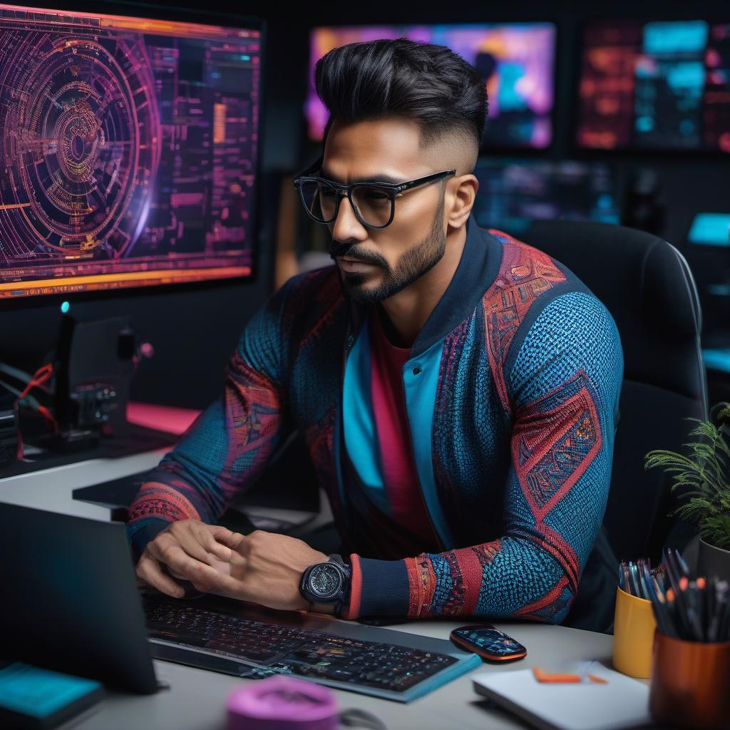  A web designer is focusing intently on his desk, surrounded by bright and positive colors. He is sitting at his computer, on the screen of which a complex graphic pattern the website project he is working on is displayed in full size. The designer is inspired as he works, showing the process of creating a website. hyperrealistic, full body, detailed clothing, highly detailed, cinematic lighting, stunningly beautiful, intricate, sharp focus, f/1. 8, 85mm, (centered image composition), (professionally color graded), ((bright soft diffused light)), volumetric fog, trending on instagram, trending on tumblr, HDR 4K, 8K