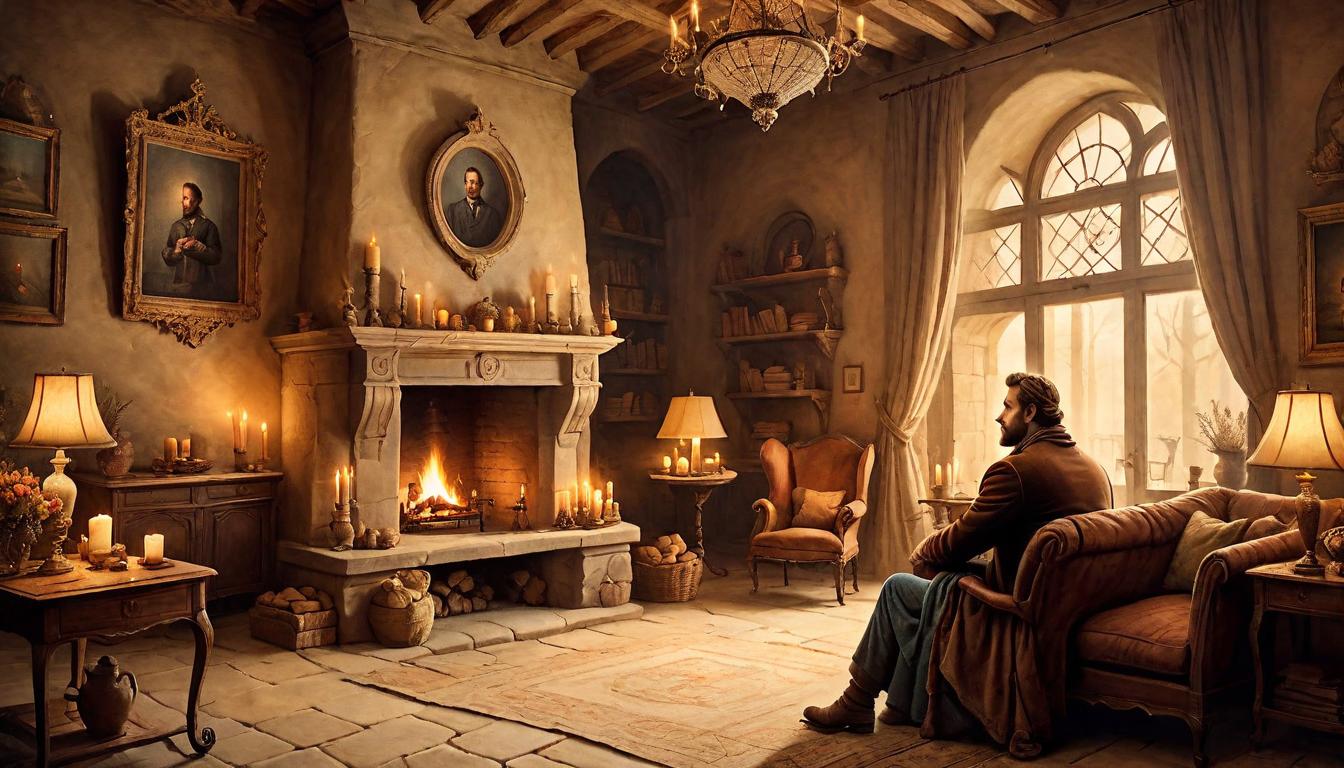  on parchment, surrealism+++, A warm, cozy room with a fireplace, soft light illuminating a person offering a hug, gentle and comforting, plush furnishings around(mysterious, provocative, symbolic,muted color)+++