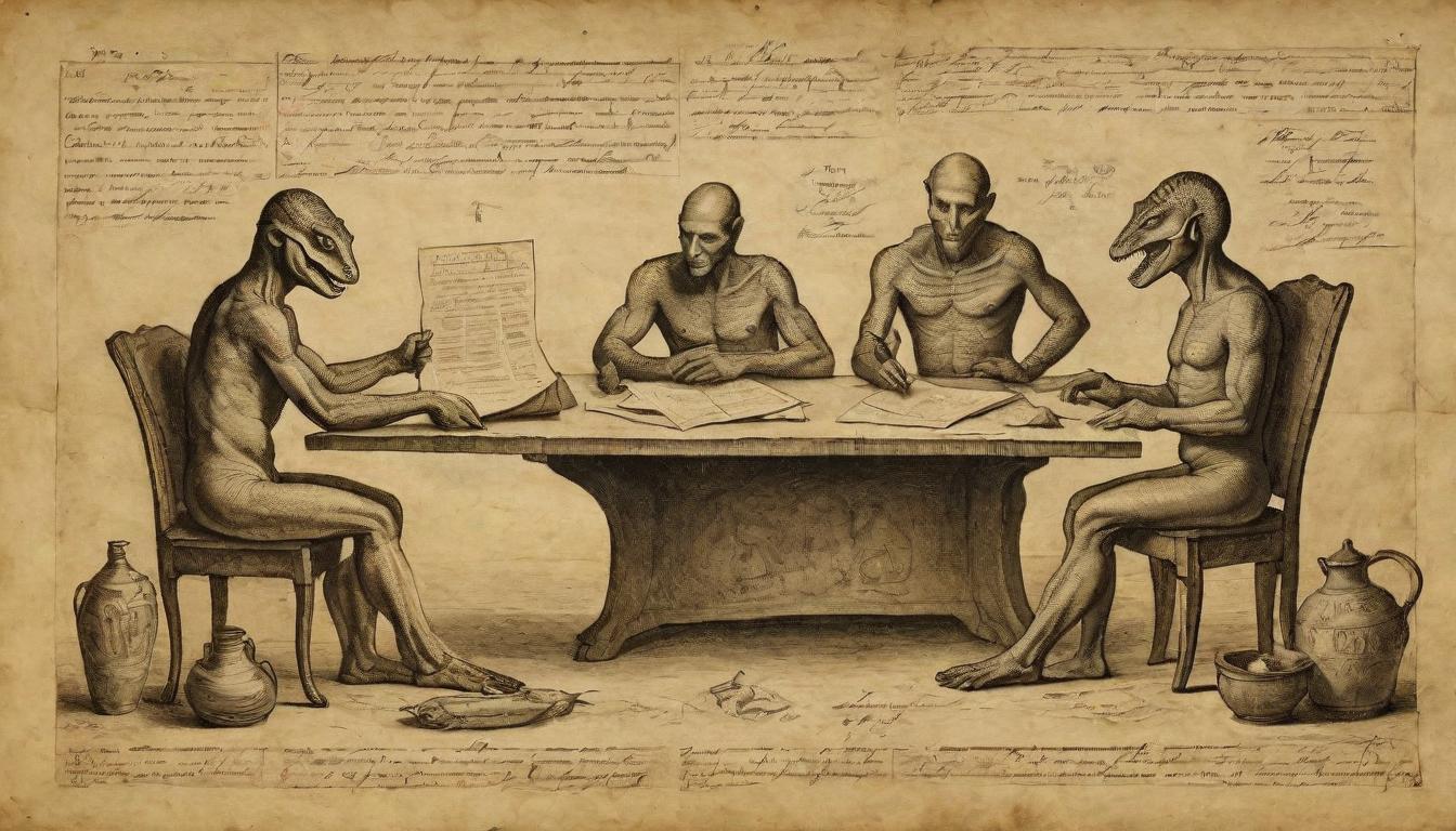  on parchment, surrealism++, Daily household scene, reptilian figures at a table with papers and schedules, mundane atmosphere, productivity(mysterious, provocative, symbolic)++