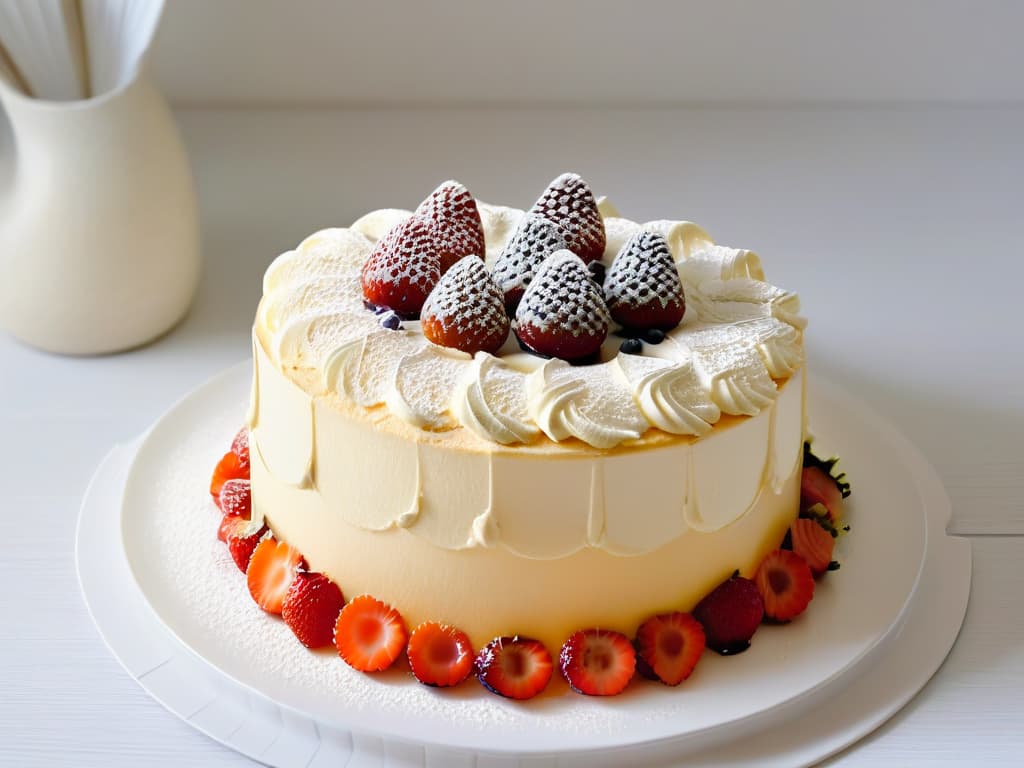  An ultradetailed image of a beautifully arranged traditional Mexican "Tres Leches Cake" on a modern, minimalist white plate. The cake is elegantly decorated with fresh strawberries and a light dusting of powdered sugar, set against a clean, simple background that enhances the intricate details of the dessert. hyperrealistic, full body, detailed clothing, highly detailed, cinematic lighting, stunningly beautiful, intricate, sharp focus, f/1. 8, 85mm, (centered image composition), (professionally color graded), ((bright soft diffused light)), volumetric fog, trending on instagram, trending on tumblr, HDR 4K, 8K