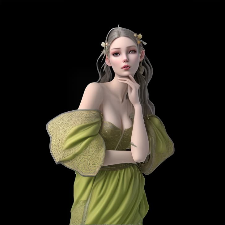 mdjrny-v4 style Create a Fantasy style avatar of a female Elf. Prominent Elf Ears, ears should be pointed, long, sharp, visible behind the hair. The character should have long, flowing silver hair, caught in a bun, adorned with delicate flowers. Her eyes should be almond shaped and bright green. She should wear an elegant, fitted tunic with intricate leaf patterns and embroidery. Her ears should be pointed and prominent, a defining feature of Elves. She should have a graceful and slender build, with pale, smooth skin.