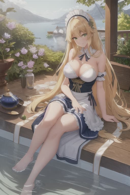  (score 9,score 8 up,score 7 up,),Fate sabor,solo,maid,maid headdress,looking at viewer,outdoor,lake,apron,blonde hair,indoors,green eyes,bare foot,two feet in the water lotus flower sex stunny hyperrealistic, full body, detailed clothing, highly detailed, cinematic lighting, stunningly beautiful, intricate, sharp focus, f/1. 8, 85mm, (centered image composition), (professionally color graded), ((bright soft diffused light)), volumetric fog, trending on instagram, trending on tumblr, HDR 4K, 8K