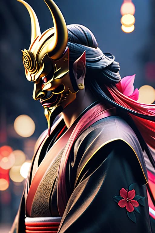  Head with samurai mask, Japanese demon, hannya, Japanese flowers background, realistic hyperrealistic, full body, detailed clothing, highly detailed, cinematic lighting, stunningly beautiful, intricate, sharp focus, f/1. 8, 85mm, (centered image composition), (professionally color graded), ((bright soft diffused light)), volumetric fog, trending on instagram, trending on tumblr, HDR 4K, 8K