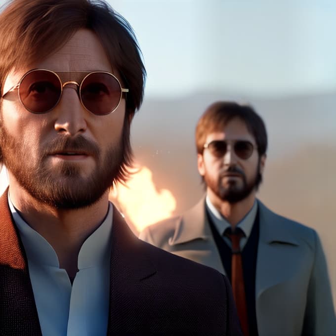 redshift style John lennon 27 years old getting shot 6 times wearing round glasses while singing hard days night, while Paul McCartney laughs and Ringo Starkey is 15 years old waving with an umbrella hyperrealistic, full body, detailed clothing, highly detailed, cinematic lighting, stunningly beautiful, intricate, sharp focus, f/1. 8, 85mm, (centered image composition), (professionally color graded), ((bright soft diffused light)), volumetric fog, trending on instagram, trending on tumblr, HDR 4K, 8K
