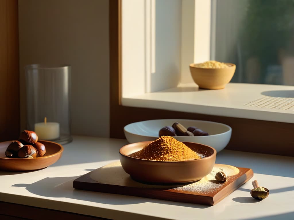  An ultradetailed image of a modern, minimalistic kitchen with warm, golden sunlight streaming through a large window, illuminating a sleek marble countertop. On the countertop, there are carefully arranged ingredients for baking, including fresh chestnuts, a rustic wooden rolling pin, a bowl of flour, and a vintage whisk. The scene conveys a sense of tranquility, warmth, and the anticipation of creating innovative chestnut desserts. hyperrealistic, full body, detailed clothing, highly detailed, cinematic lighting, stunningly beautiful, intricate, sharp focus, f/1. 8, 85mm, (centered image composition), (professionally color graded), ((bright soft diffused light)), volumetric fog, trending on instagram, trending on tumblr, HDR 4K, 8K