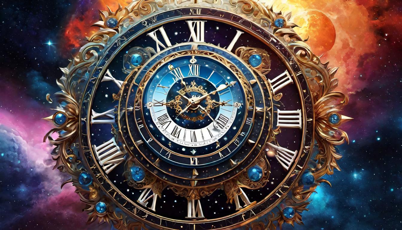  digital illustration, Celestial clock with cosmic events unfolding in sync, symbolizing divine timing, harmonious, intricate, looking at viewer, dynamic pose, (intricate details, masterpiece, best quality)