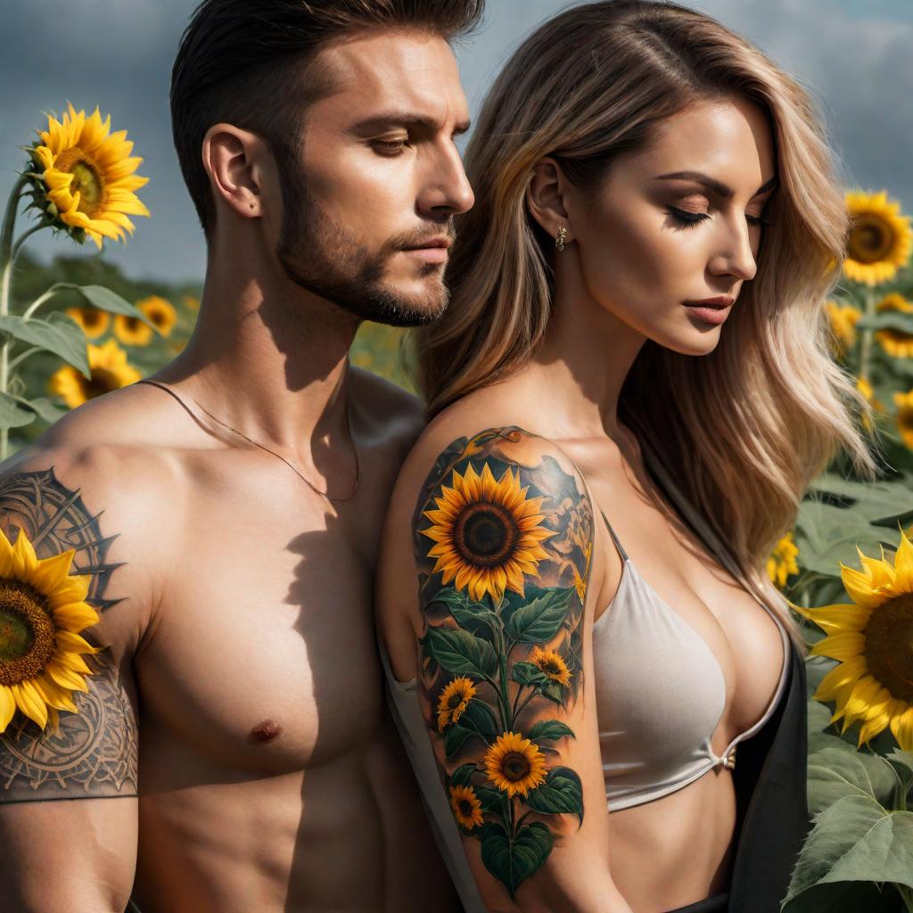  A matching couple's tattoo design featuring a cross and sunflowers together. The design should be cohesive, elegant, and visually appealing, symbolizing unity and love. hyperrealistic, full body, detailed clothing, highly detailed, cinematic lighting, stunningly beautiful, intricate, sharp focus, f/1. 8, 85mm, (centered image composition), (professionally color graded), ((bright soft diffused light)), volumetric fog, trending on instagram, trending on tumblr, HDR 4K, 8K