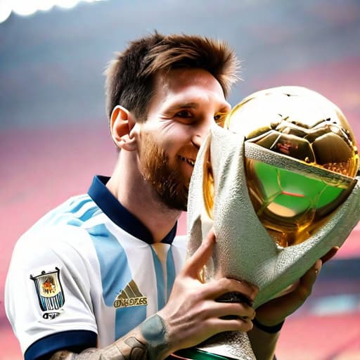  Messi with worldcup trophy in argentina kit, highly detailed, cinematic lighting, stunningly beautiful, intricate, sharp focus, f/1. 8, 85mm, (centered image composition), (professionally color graded), ((bright soft diffused light)), volumetric fog, trending on instagram, trending on tumblr, HDR 4K, 8K