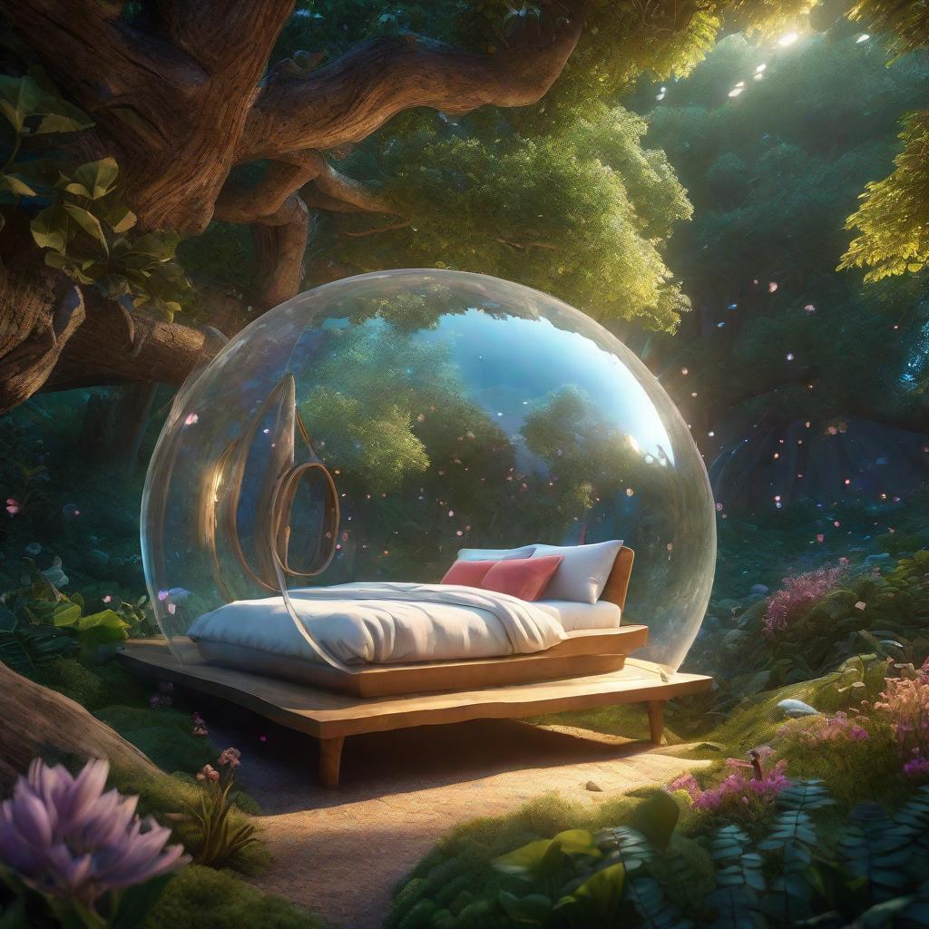  "A young peacefully sleeping in a cozy , surrounded by a transparent dream bubble. Inside the dream bubble: Bright, colorful magic forest filled with the 's new animal friends engaging in a adventure, conveying a sense of joy and endless exploration."((masterpiece)), best quality, very detailed, high resolution, sharp, sharp image, extremely detailed, 4k, 8k, fairytale hyperrealistic, full body, detailed clothing, highly detailed, cinematic lighting, stunningly beautiful, intricate, sharp focus, f/1. 8, 85mm, (centered image composition), (professionally color graded), ((bright soft diffused light)), volumetric fog, trending on instagram, trending on tumblr, HDR 4K, 8K