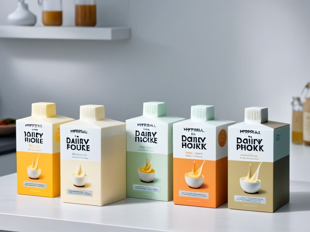  An ultradetailed, minimalist image showcasing various brands of dairy cream and plantbased milk lined up side by side on a sleek, modern kitchen countertop. Each container is elegantly designed, labeled with the brand name, and filled with creamy liquid in soft, pastel hues. The lighting is soft and natural, casting gentle shadows that highlight the textures and shapes of the containers. This visually striking image conveys a sense of sophistication and quality, perfectly complementing the professional and informative tone of the article. hyperrealistic, full body, detailed clothing, highly detailed, cinematic lighting, stunningly beautiful, intricate, sharp focus, f/1. 8, 85mm, (centered image composition), (professionally color graded), ((bright soft diffused light)), volumetric fog, trending on instagram, trending on tumblr, HDR 4K, 8K