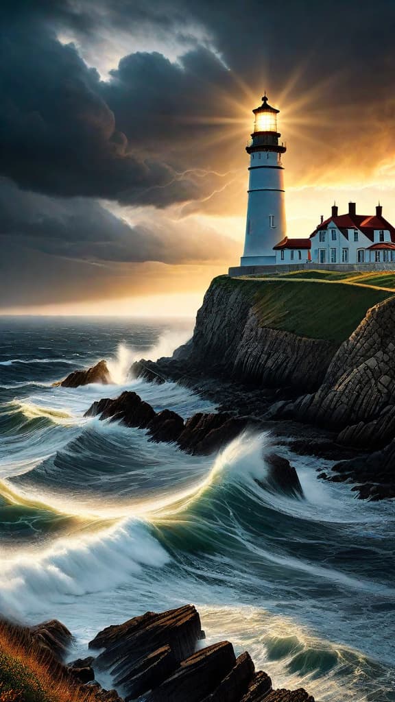  (A picturesque coastal landscape at sunset, with a towering lighthouse standing on a rocky cliff overlooking the restless, wind swept sea. The golden beam of the lighthouse's light cuts through the fading daylight, casting a shimmering path across the waves. The sky is filled with dramatic storm clouds, hinting at the impending weather.) hyperrealistic, full body, detailed clothing, highly detailed, cinematic lighting, stunningly beautiful, intricate, sharp focus, f/1. 8, 85mm, (centered image composition), (professionally color graded), ((bright soft diffused light)), volumetric fog, trending on instagram, trending on tumblr, HDR 4K, 8K