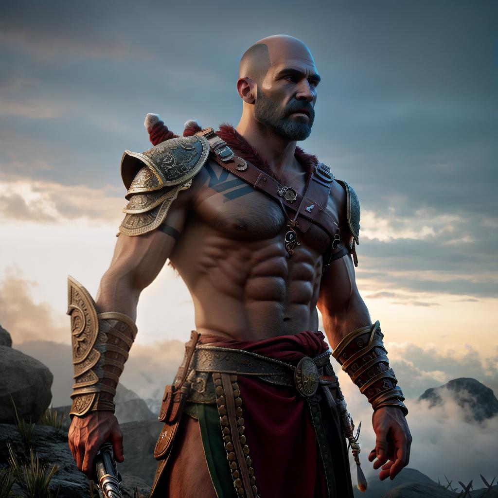  God of war hyperrealistic, full body, detailed clothing, highly detailed, cinematic lighting, stunningly beautiful, intricate, sharp focus, f/1. 8, 85mm, (centered image composition), (professionally color graded), ((bright soft diffused light)), volumetric fog, trending on instagram, trending on tumblr, HDR 4K, 8K