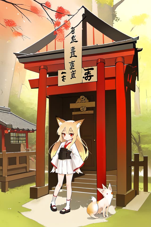  Little girl, blond, fox, shrine maiden, long hair, legs