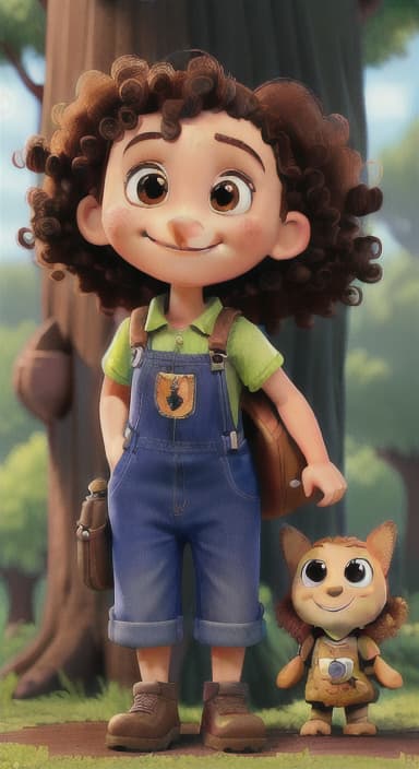  {The tree with a smiling face formed by its bark, looking down at Riley., Riley, a curious with big brown eyes and curly hair, wearing overalls and carrying a small backpack. Their friend, Skye, a bluebird with shiny feathers.