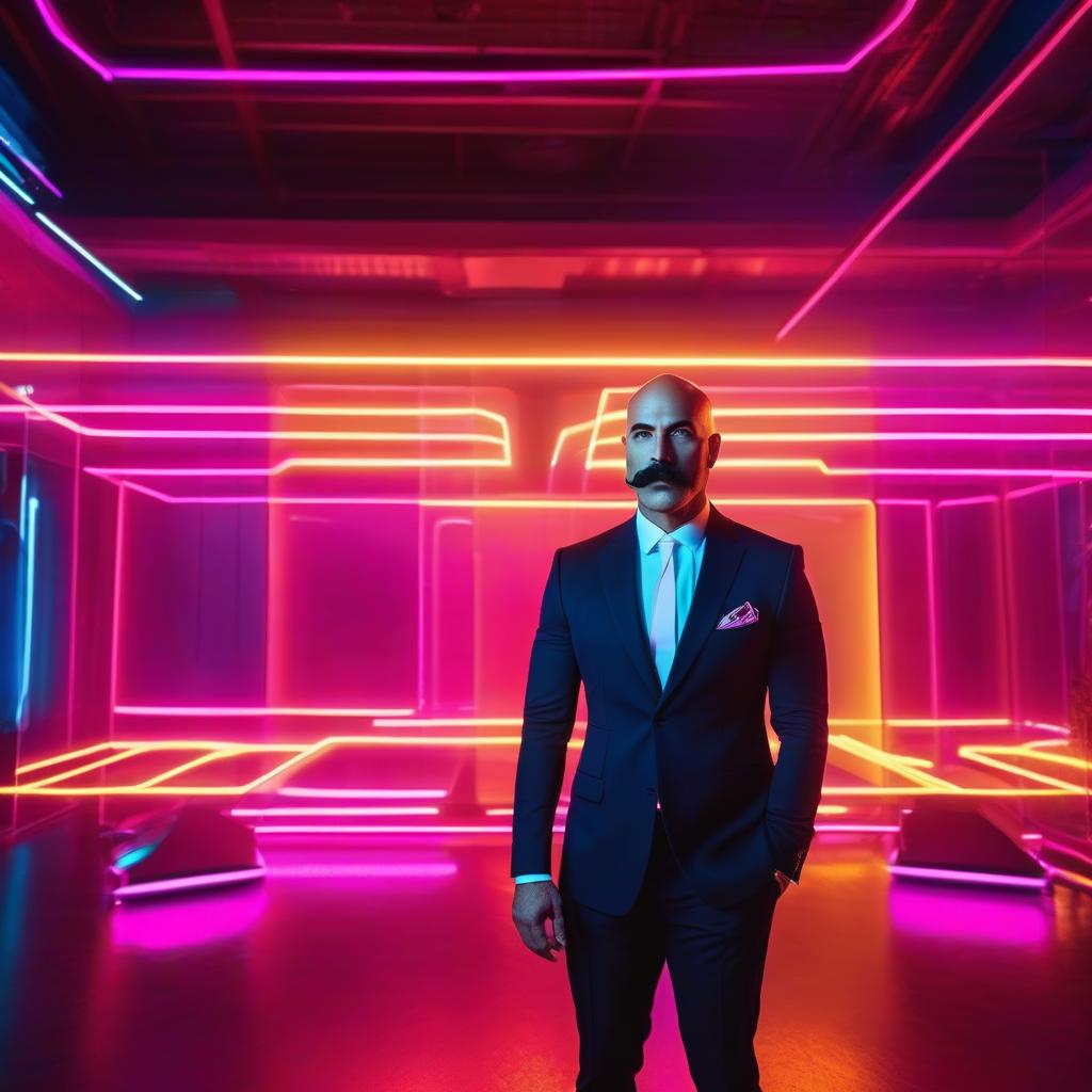  vaporwave style Bald and mustachioed man in black suit. . retro aesthetic, cyberpunk, vibrant, neon colors, vintage 80s and 90s style, highly detailed hyperrealistic, full body, detailed clothing, highly detailed, cinematic lighting, stunningly beautiful, intricate, sharp focus, f/1. 8, 85mm, (centered image composition), (professionally color graded), ((bright soft diffused light)), volumetric fog, trending on instagram, trending on tumblr, HDR 4K, 8K