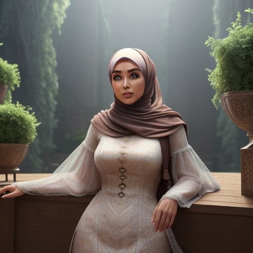  Create an image from the perspective of someone who has been shrunken to a tiny size, looking up at a giant young Muslim woman. The woman should appear much larger than normal, emphasizing the size difference. She should be wearing a hijab and modest clothing. The viewer should be at ground level, perhaps standing on a table or the floor, looking up at the woman. The woman's facial features and expression should be kind and gentle, as if she is curious or concerned about the tiny person. Include details that enhance the sense of scale, such as the texture of the ground (e.g., wood grain of a table, carpet fibers) and the woman's surroundings, which should appear enormous. Lighting should be natural and soft, giving the scene a realistic fee hyperrealistic, full body, detailed clothing, highly detailed, cinematic lighting, stunningly beautiful, intricate, sharp focus, f/1. 8, 85mm, (centered image composition), (professionally color graded), ((bright soft diffused light)), volumetric fog, trending on instagram, trending on tumblr, HDR 4K, 8K