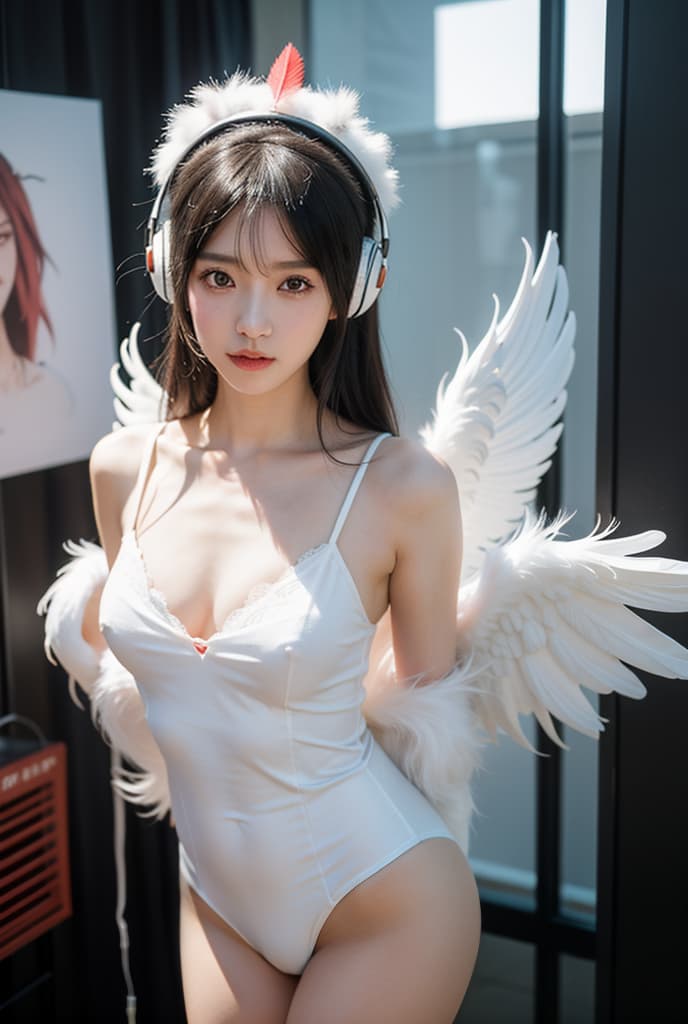  anime - style image of a woman with headphones and a feathered headdress, ross tran 8 k, artwork in the style of guweiz, ross tran and wlop, 3 d render character art 8 k, wlop and krenz cushart, beautiful cyborg angel girl, advanced digital anime art, anime girl cosplay, wlop and ross tran, ADVERTISING PHOTO,high quality, good proportion, masterpiece , The image is captured with an 8k camera and edited using the latest digital tools to produce a flawless final result.