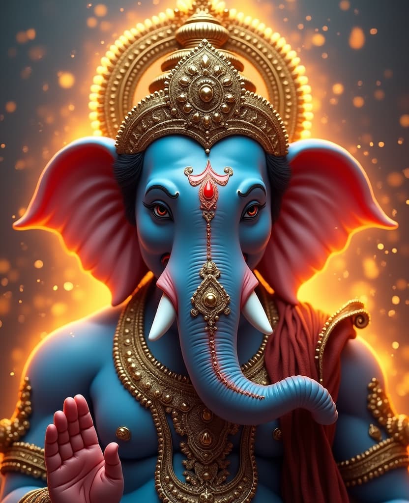  good quality, high quality, create a hyperrealistic, highly detailed image of lord ganesha, the hindu god, with an elephant head. he should have a majestic blue hued skin tone, adorned with intricate, ornate golden jewelry, including a detailed crown with embedded jewels. his forehead should feature traditional hindu markings such as a red trident (trishul) symbol, and other divine symbols. surround ganesha with glowing embers and warm fire like lighting to give the image a celestial and divine atmosphere. make sure the background is dynamic and filled with sparks of light to emphasize his divine energy. the overall style should be artistic, mystical, and vibrant, evoking reverence