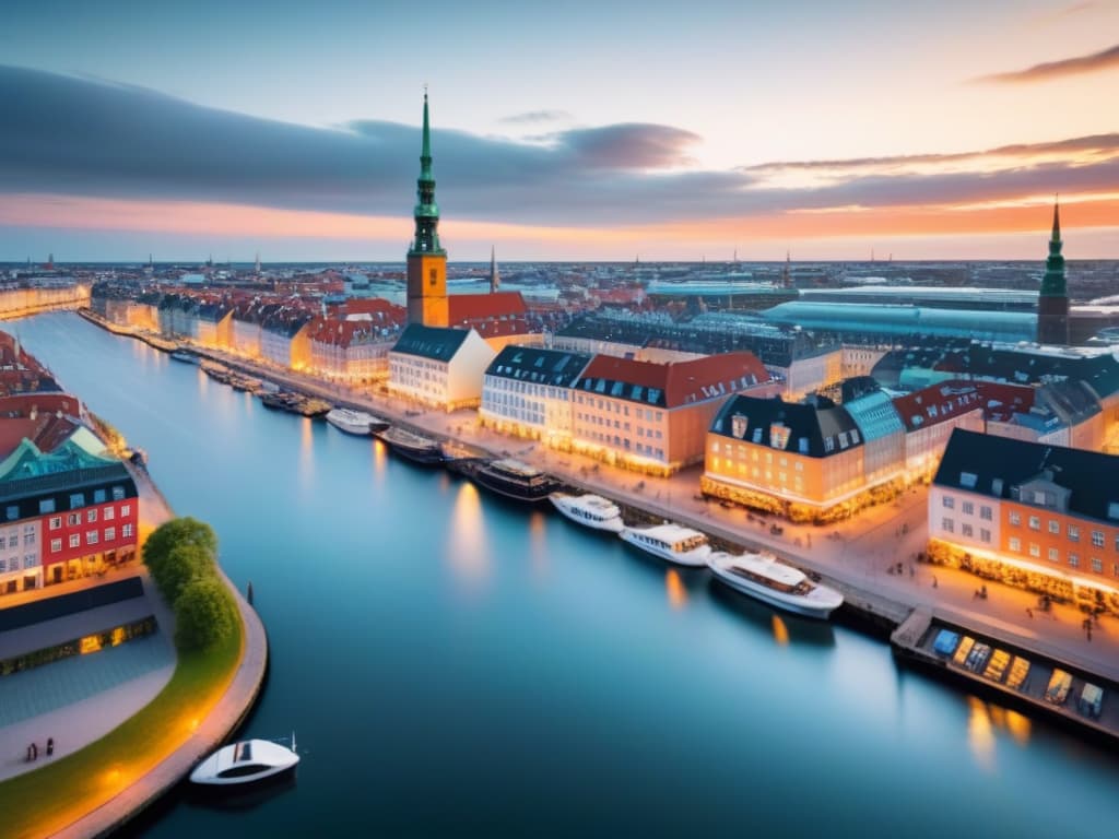  A stunning aerial view of the Copenhagen skyline at sunset, showcasing the modern architecture of the city with tall, sleek buildings illuminated by warm golden sunlight. The foreground features the bustling waterfront with boats gliding along the canal, while the background displays a mix of contemporary residential and commercial structures against the picturesque backdrop of the colorful sky. The image captures the essence of Copenhagen's vibrant real estate market, making it an ideal visual representation for foreign investors seeking insights into the city's property landscape. hyperrealistic, full body, detailed clothing, highly detailed, cinematic lighting, stunningly beautiful, intricate, sharp focus, f/1. 8, 85mm, (centered image composition), (professionally color graded), ((bright soft diffused light)), volumetric fog, trending on instagram, trending on tumblr, HDR 4K, 8K