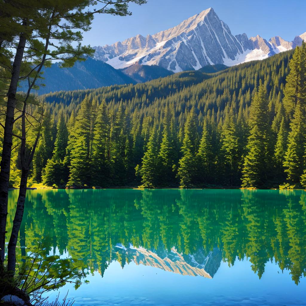  as a painting, Convey the serene majesty of towering mountains reflected in the crystal-clear waters of a tranquil alpine lake, using your unique artistic vision to evoke a sense of awe and tranquility.