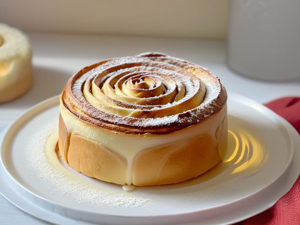  A closeup, ultradetailed image of a freshly baked cinnamon roll with a light golden crust, delicate swirls of cinnamon, and a dusting of powdered sugar on top. The roll sits on a sleek, modern white plate against a soft, blurred background, highlighting its warm, inviting texture and enticing aroma. hyperrealistic, full body, detailed clothing, highly detailed, cinematic lighting, stunningly beautiful, intricate, sharp focus, f/1. 8, 85mm, (centered image composition), (professionally color graded), ((bright soft diffused light)), volumetric fog, trending on instagram, trending on tumblr, HDR 4K, 8K