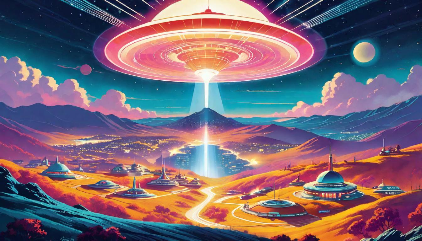  retro futuristic A beacon shining on a hill, casting light across a vast network of communities, symbolizing broad societal impact, Illuminating, influential, communal lvintage sci fi, 50s and 60s style, atomic age, vibrant, highly detailed