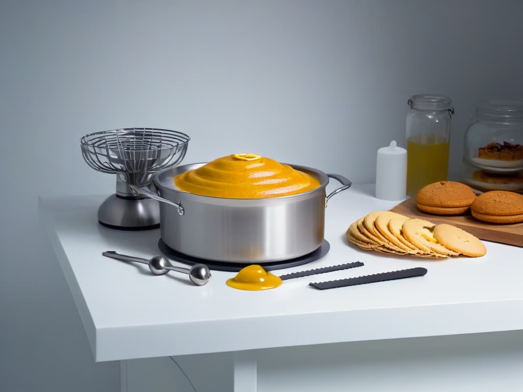  A closeup, ultradetailed image of a sleek, modern kitchen countertop with neatly arranged rows of essential baking tools and utensils for nobake desserts. The minimalist aesthetic highlights the gleaming metal of measuring spoons, spatulas, mixing bowls, piping bags, and cookie cutters, creating a visually striking and aspirational scene for readers seeking to master the art of ovenfree pastry. hyperrealistic, full body, detailed clothing, highly detailed, cinematic lighting, stunningly beautiful, intricate, sharp focus, f/1. 8, 85mm, (centered image composition), (professionally color graded), ((bright soft diffused light)), volumetric fog, trending on instagram, trending on tumblr, HDR 4K, 8K