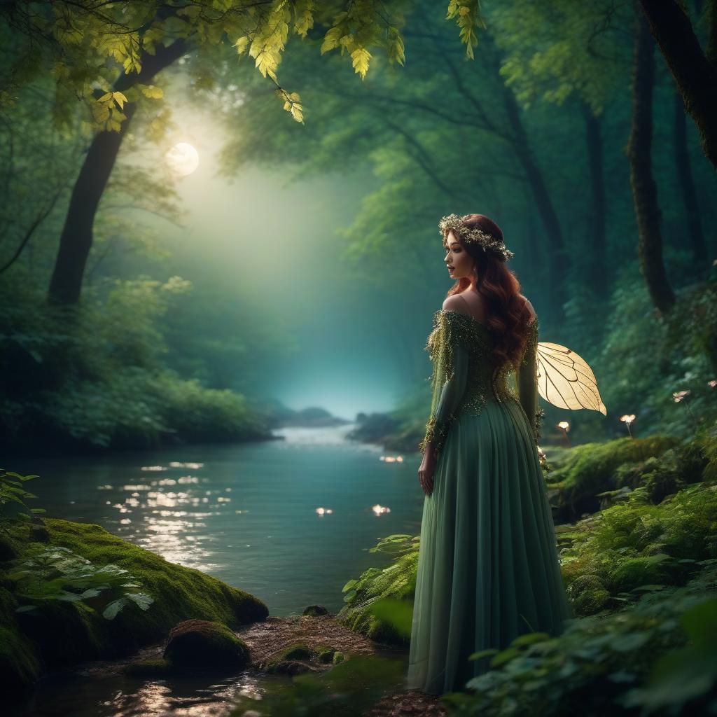  cinematic photo Enter the enchanted forest, where wood fairies and magical creatures, moonlit trees, detailed, fireflies, rustling leaves, river, beautiful background in the river, Full HD quality, 4k quality . 35mm photograph, film, bokeh, professional, 4k, highly detailed hyperrealistic, full body, detailed clothing, highly detailed, cinematic lighting, stunningly beautiful, intricate, sharp focus, f/1. 8, 85mm, (centered image composition), (professionally color graded), ((bright soft diffused light)), volumetric fog, trending on instagram, trending on tumblr, HDR 4K, 8K