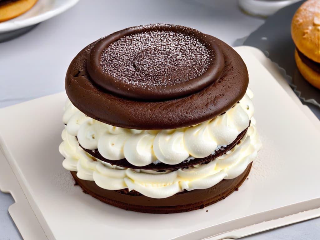  An ultradetailed closeup image of a freshly baked Whoopie Pie, showcasing its moist chocolate cake layers sandwiching a generous swirl of fluffy vanilla cream filling. The chocolate cake is perfectly domed, with a shiny, crackly top sprinkled lightly with powdered sugar. The cream filling is velvety smooth, peeking out invitingly from the sides, promising a delectable and indulgent treat for the reader's eyes. hyperrealistic, full body, detailed clothing, highly detailed, cinematic lighting, stunningly beautiful, intricate, sharp focus, f/1. 8, 85mm, (centered image composition), (professionally color graded), ((bright soft diffused light)), volumetric fog, trending on instagram, trending on tumblr, HDR 4K, 8K