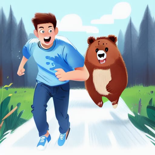  (a boy with blue shirt and blue jeans is running), a bear chasing