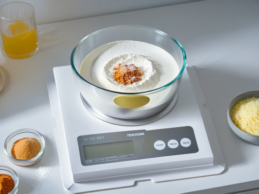  A sleek, minimalistic image of a digital kitchen scale displaying precise measurements of flour and sugar, with a background of a modern, welllit kitchen setting. The scale is sleek and silver, with clear digital numbers indicating the weights of the ingredients. The composition is clean, focusing on the accuracy and precision that digital kitchen scales bring to cooking, enhancing the quality of recipes and cooking outcomes. hyperrealistic, full body, detailed clothing, highly detailed, cinematic lighting, stunningly beautiful, intricate, sharp focus, f/1. 8, 85mm, (centered image composition), (professionally color graded), ((bright soft diffused light)), volumetric fog, trending on instagram, trending on tumblr, HDR 4K, 8K