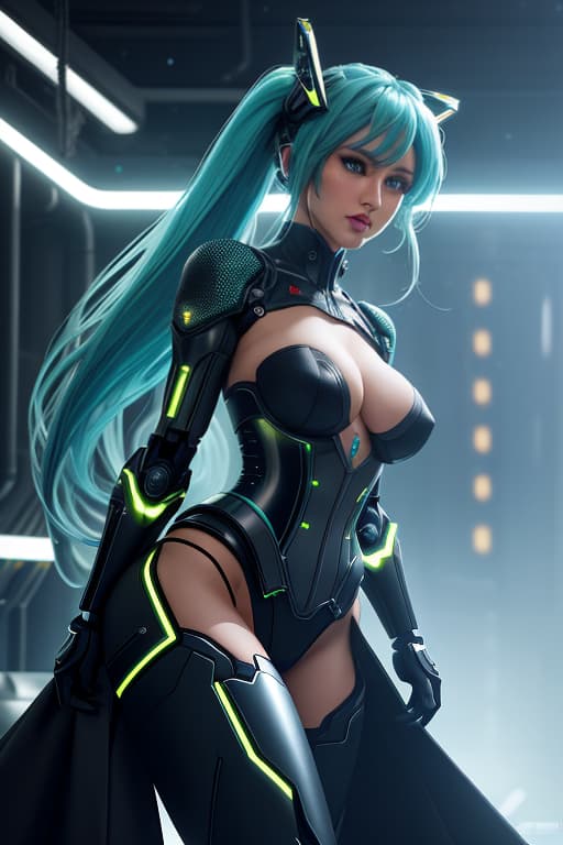  cgmech, beautiful eyes, upper body, underboob, portrait, robot, corset , Hatsune Miku, neon light, 8K, RAW, best quality, masterpiece, ultra high res, colorful, (medium wide shot), (dynamic perspective), sharp focus , (depth of field, bokeh:1.3), extremely detailed eyes and face, beautiful detailed eyes,medium breasts,(black gold, trimmed gear :1.2),(In a futuristic weapons factory:1.2), ((masterpiece, best quality)), <lora:more details:0.3> Detailed background, spaceship interior <lora:Niji:0.5> hyperrealistic, full body, detailed clothing, highly detailed, cinematic lighting, stunningly beautiful, intricate, sharp focus, f/1. 8, 85mm, (centered image composition), (professionally color graded), ((bright soft diffused light)), volumetric fog, trending on instagram, trending on tumblr, HDR 4K, 8K