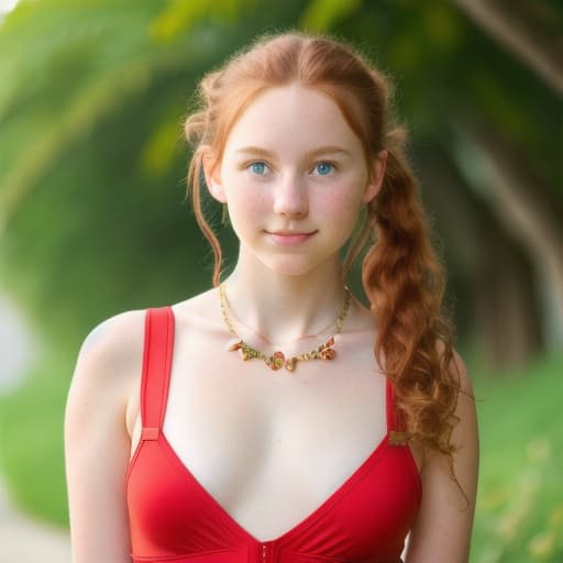  (masterpiece, best quality), 1girl, collarbone, wavy hair, looking at viewer, blurry, upper body, necklace, suspenders,, age 16, ponytail, freckles, red hair, sunlight,