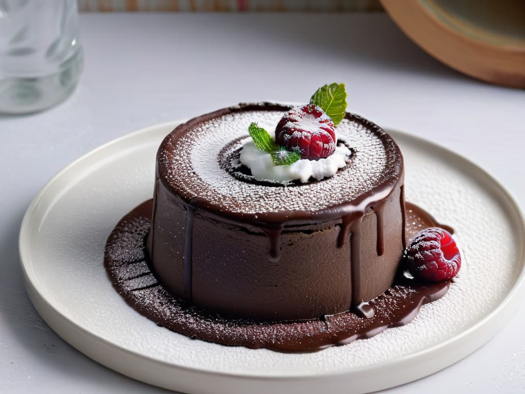  A closeup, highresolution image of a decadent chocolate lava cake on a sleek, modern plate. The cake is oozing with rich, molten chocolate, topped with a dusting of powdered sugar, and garnished with a fresh raspberry and a mint leaf. The dark, glossy chocolate contrasts beautifully with the minimalist white plate, emphasizing the indulgent nature of chocolate in pastry art. hyperrealistic, full body, detailed clothing, highly detailed, cinematic lighting, stunningly beautiful, intricate, sharp focus, f/1. 8, 85mm, (centered image composition), (professionally color graded), ((bright soft diffused light)), volumetric fog, trending on instagram, trending on tumblr, HDR 4K, 8K