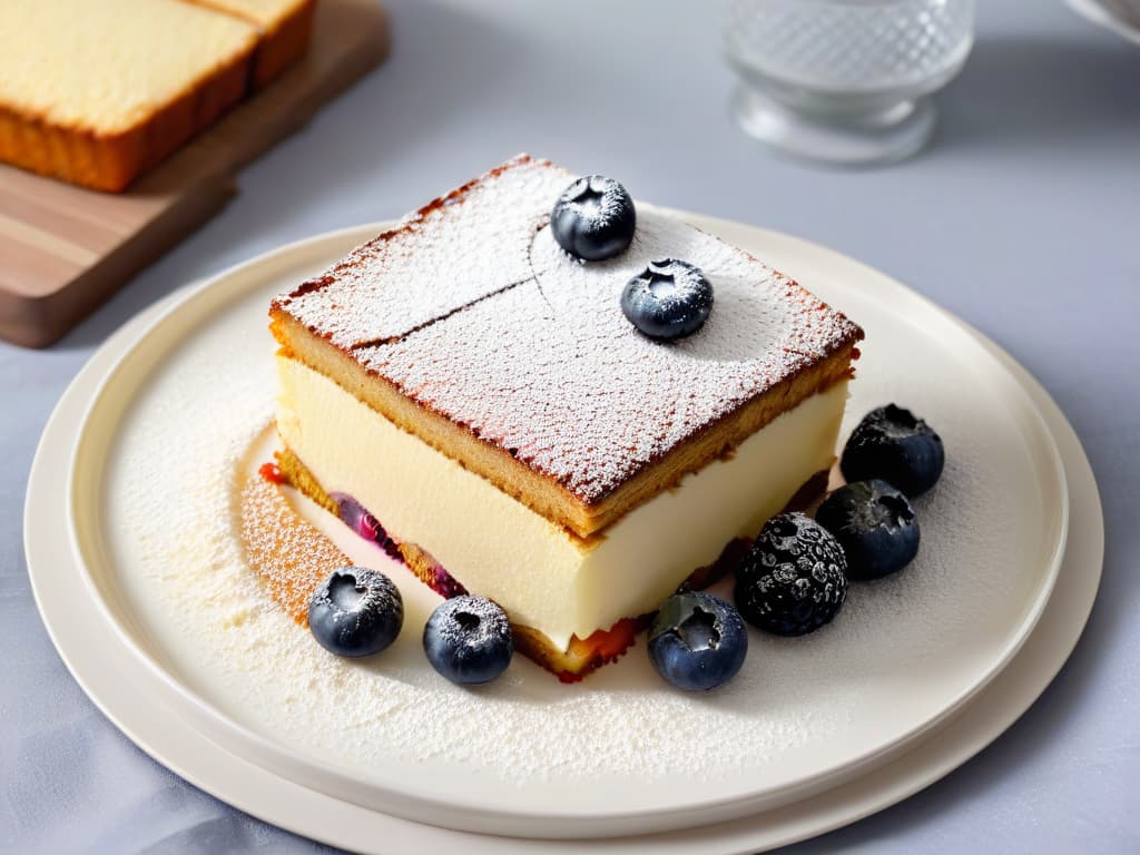  A closeup, ultradetailed image of a beautifully textured slice of glutenfree almond flour cake topped with fresh berries and a dusting of powdered sugar on a sleek, modern white plate, set against a soft, blurred background to emphasize the intricate details and vibrant colors of the dessert. hyperrealistic, full body, detailed clothing, highly detailed, cinematic lighting, stunningly beautiful, intricate, sharp focus, f/1. 8, 85mm, (centered image composition), (professionally color graded), ((bright soft diffused light)), volumetric fog, trending on instagram, trending on tumblr, HDR 4K, 8K