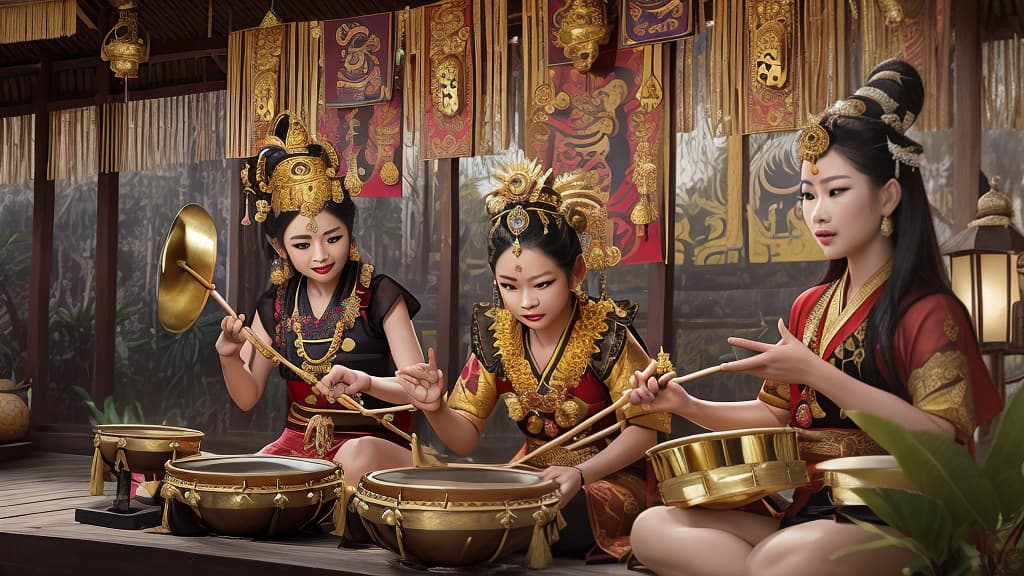  masterpiece, best quality, Create an image of a traditional Balinese gamelan ensemble, known as sekeha gong, set in Sanur, Bali in the 1950s. The scene should depict a group of Balinese musicians, dressed in traditional attire, performing with their gamelan instruments. The attire should include sarongs, udeng (headcloths), and kamben (traditional sashes).The instruments should include various types of gongs, metallophones, and drums typical of Balinese gamelan. The setting should be an outdoor courtyard with lush tropical greenery in the background. Traditional Balinese architecture, such as thatched roof pavilions and ornate stone carvings, should be visible. The image should evoke a sense of cultural richness and historical authenticity,