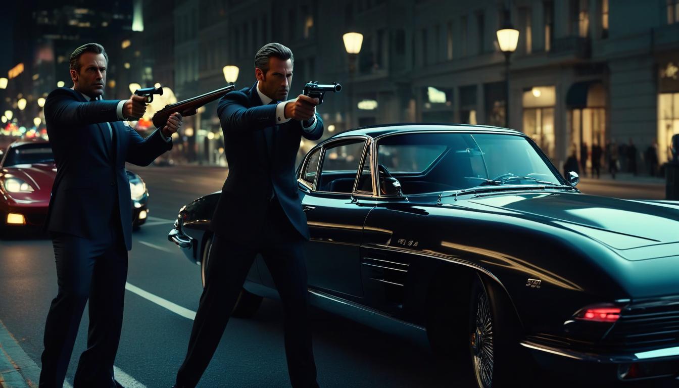  CIA agents in classic suits. pointing rifles at a moving car. sports car. night city .full body.. evening..cinematic.Ultra realistic. 3D . Epic. high detail. perfect lighting. perfect contrast. perfect composition hyperrealistic, full body, detailed clothing, highly detailed, cinematic lighting, stunningly beautiful, intricate, sharp focus, f/1. 8, 85mm, (centered image composition), (professionally color graded), ((bright soft diffused light)), volumetric fog, trending on instagram, trending on tumblr, HDR 4K, 8K