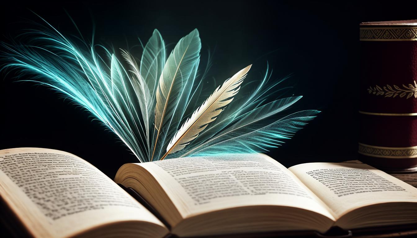  cinematic, aesthetic, A feather quill writing in an ancient book, the ink forming glowing symbols, light and ethereal atmosphere, power, softness, 4k, HDR, lens flare