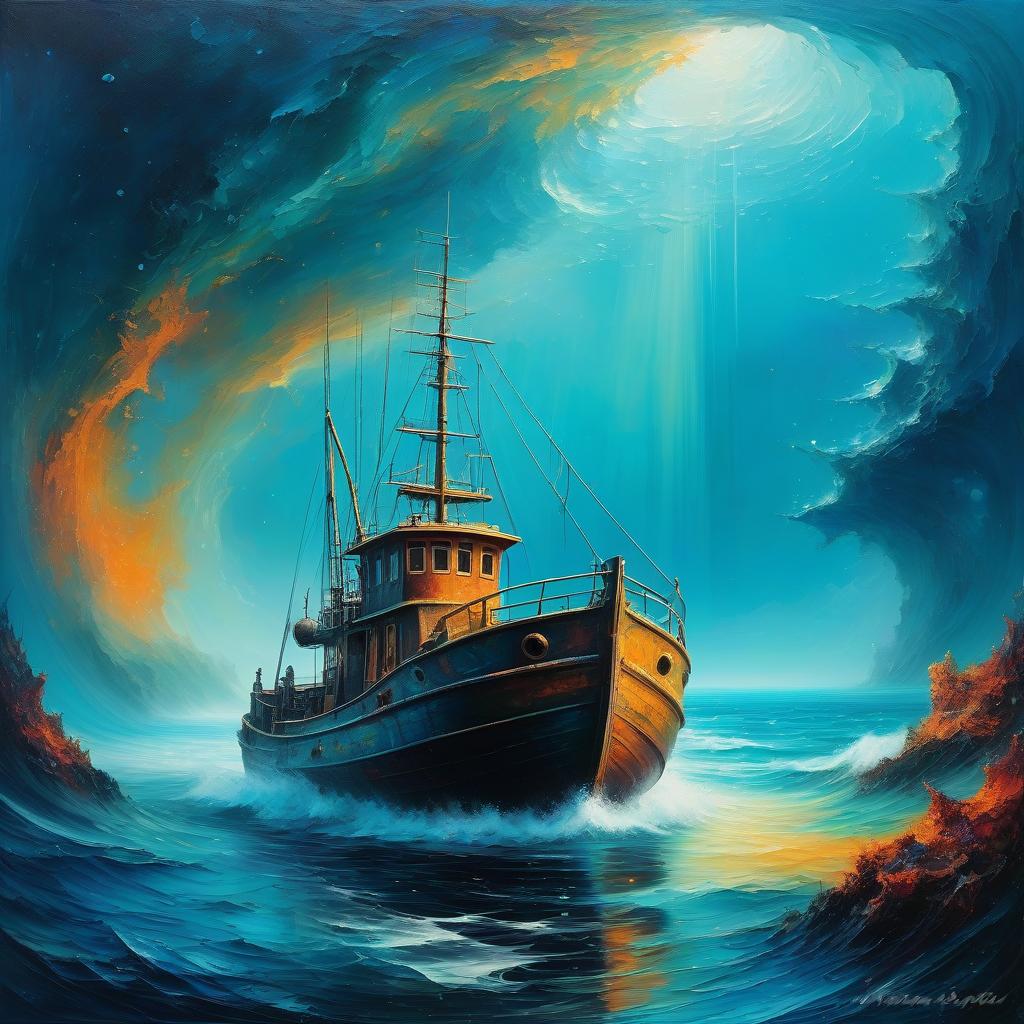  space themed Pop surrealism, fishing boat in the abyss of the sea, oil painting, highly detailed image with double exposure and overlay of textures and layers. Distant background. Gorgeous, saturated. A background of bright revolutionary tones: surrealist abstractionism. Use of the entire color palette. Subtle patterns of mysticism and magic. Stylistics: neorococo, fantasy abstraction, surrealism, mystery. High quality. . cosmic, celestial, stars, galaxies, nebulas, planets, science fiction, highly detailed hyperrealistic, full body, detailed clothing, highly detailed, cinematic lighting, stunningly beautiful, intricate, sharp focus, f/1. 8, 85mm, (centered image composition), (professionally color graded), ((bright soft diffused light)), volumetric fog, trending on instagram, trending on tumblr, HDR 4K, 8K